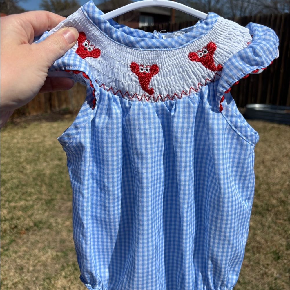 Blue Gingham Smocked Bubble